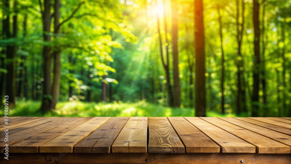 Serene empty wooden table top isolated against blurred vibrant green forest background, exuding tranquility and offering ample copy space. Serene empty wooden table top isolated against blurred vibrant green forest background, exuding tranquility and offering ample copy space.