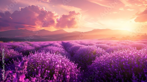 Dawn over a lavender field as the sky picture © Yelena