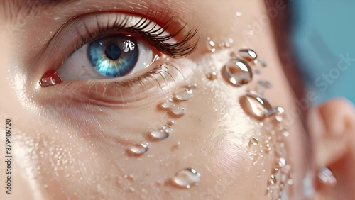 Collagen serum drop absorbing into facial skin around a blue eye. Ideal for beauty and skincare concepts