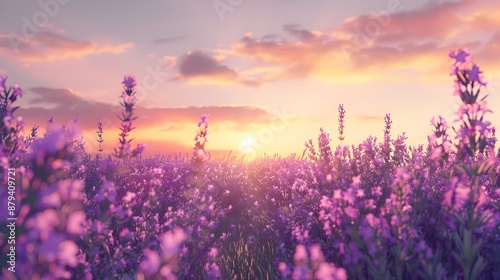 Dawn over a lavender field as the sky