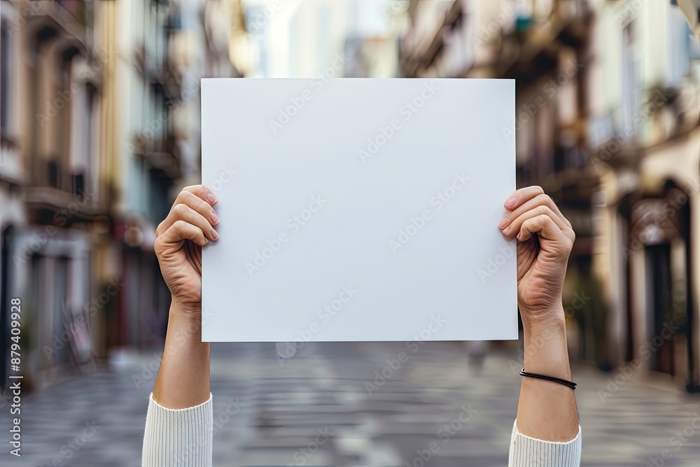 Holding blank sign in city street with blurred background Holding blank sign in city street with blurred background