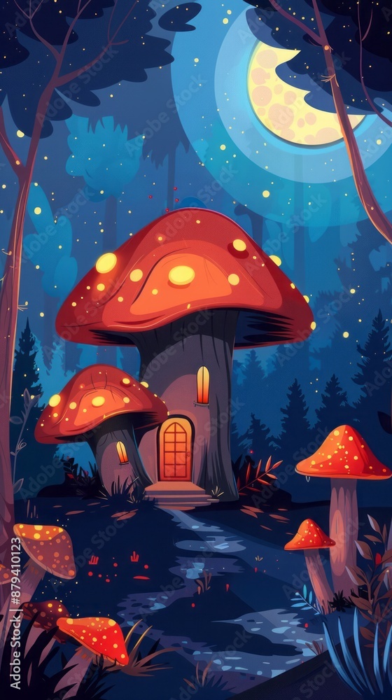 cartoon mushroom house in the night forest. cartoon mushroom house in the night forest.