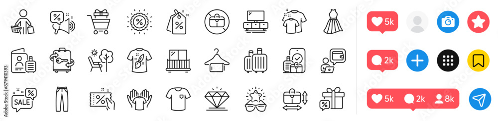 T-shirt design, No handbag and Balcony line icons pack. Social media icons. Clean towel, Best glasses, Baggage web icon. Clean t-shirt, Sale gift, Discount pictogram. Vector T-shirt design, No handbag and Balcony line icons pack. Social media icons. Clean towel, Best glasses, Baggage web icon. Clean t-shirt, Sale gift, Discount pictogram. Vector