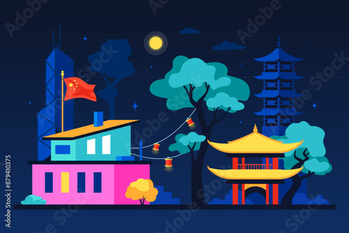 National Chinese Buildings - modern colored vector illustration with Shinto shrines and small chapels for the gods against the backdrop of a trendy metropolis and skyscrapers. Night, moon, neon light