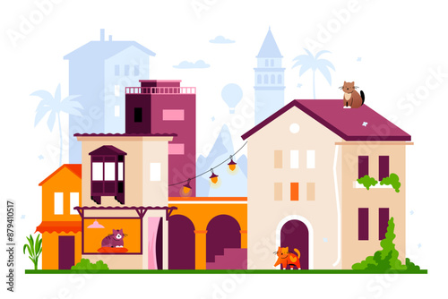 Cats on Turkish street - modern colored vector illustration with houses in the old town with a lot of pets. Favorite furry animals, vacation in Istanbul, summer travel. Panoramic view and architecture