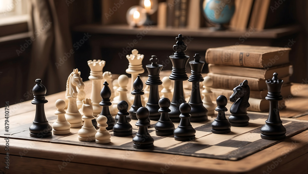International chess day, a chessboard with various white and black chess pieces mid game, placed on an antique wooden table with background is slightly blurred International chess day, a chessboard with various white and black chess pieces mid game, placed on an antique wooden table with background is slightly blurred
