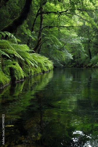 A calm riverbank with lush moss and wild ferns growing along the edge. Clear, reflective water with overhanging branches.