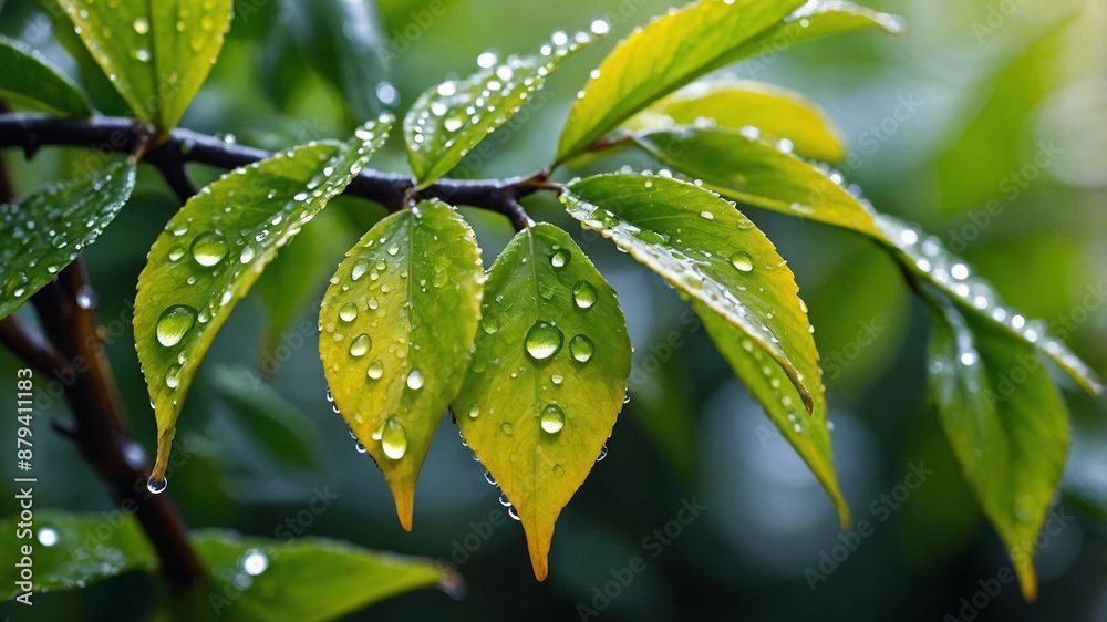 Green tree leaves with water drops close-up Liquid droplet, wet pure transparent Green tree leaves with water drops close-up Liquid droplet, wet pure transparent