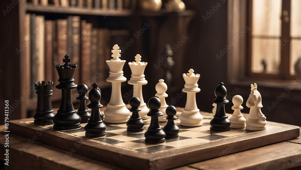 International chess day, a chessboard with various white and black chess pieces mid game, placed on an antique wooden table with background is slightly blurred International chess day, a chessboard with various white and black chess pieces mid game, placed on an antique wooden table with background is slightly blurred