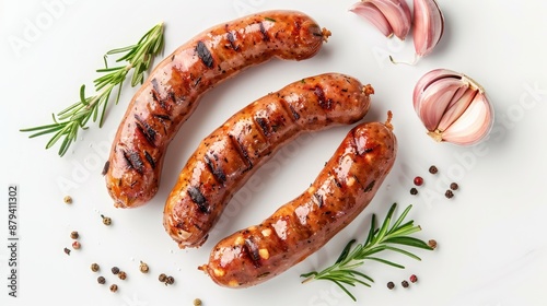 Roasted homemade wurst sausages with garlic and rosemary on white background top view