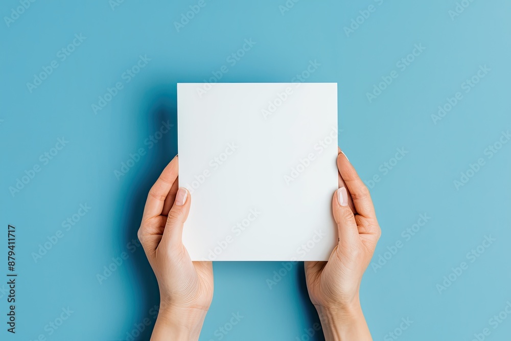 A person holding a blank white paper against a blue background A person holding a blank white paper against a blue background