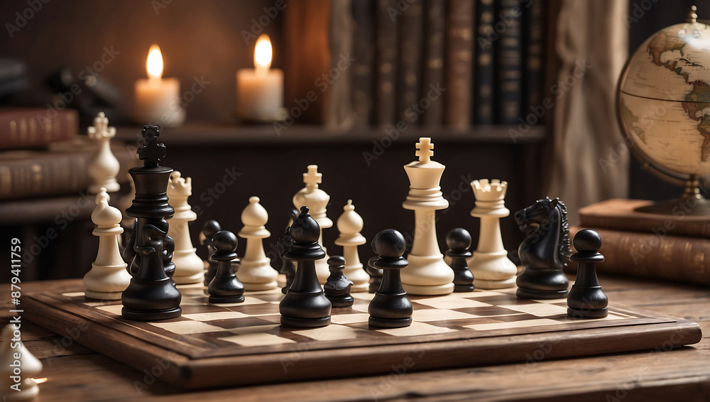 International chess day, a chessboard with various white and black chess pieces mid game, placed on an antique wooden table with background is slightly blurred International chess day, a chessboard with various white and black chess pieces mid game, placed on an antique wooden table with background is slightly blurred