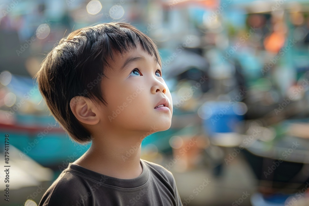 Portrait of a young boy gazing upwards with a look of wonder on his face, against a blurred background Portrait of a young boy gazing upwards with a look of wonder on his face, against a blurred background