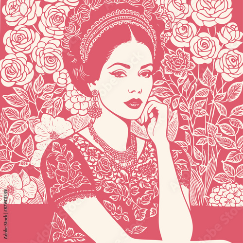 Portrait of an elegant woman in an ancient dress against a background of a floral pattern, vector illustration	