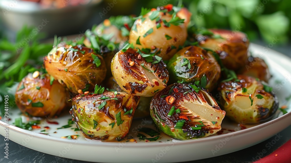 Crispy Roasted Brussels Sprouts With Fresh Herbs and Chili Flakes. Generative AI