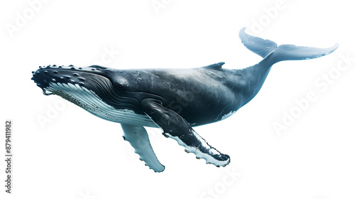 Humpback whale swimming, transparent white background, isolated.