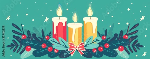 candle in a Christmas wreath on a green background.