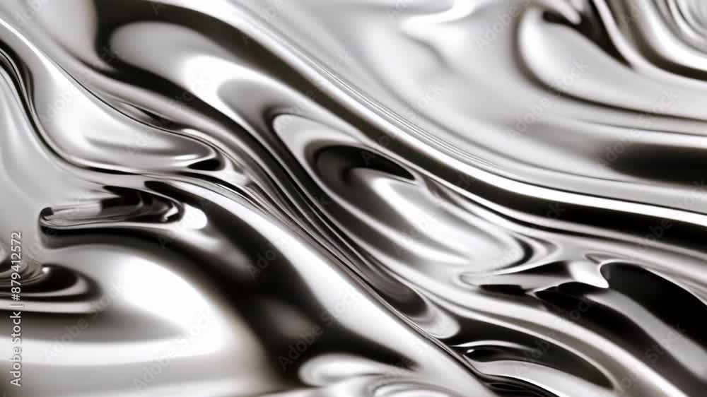 Silver metal fluid, glossy flowing chrome mirror water effect liquid abstract video background	

