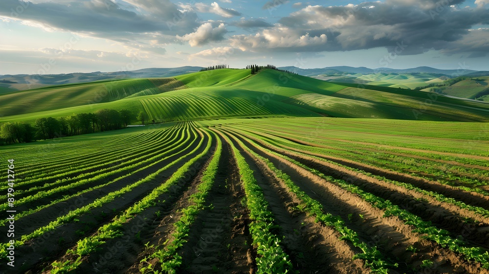 Furrows in a freshly irrigated green field Furrows in a freshly irrigated green field