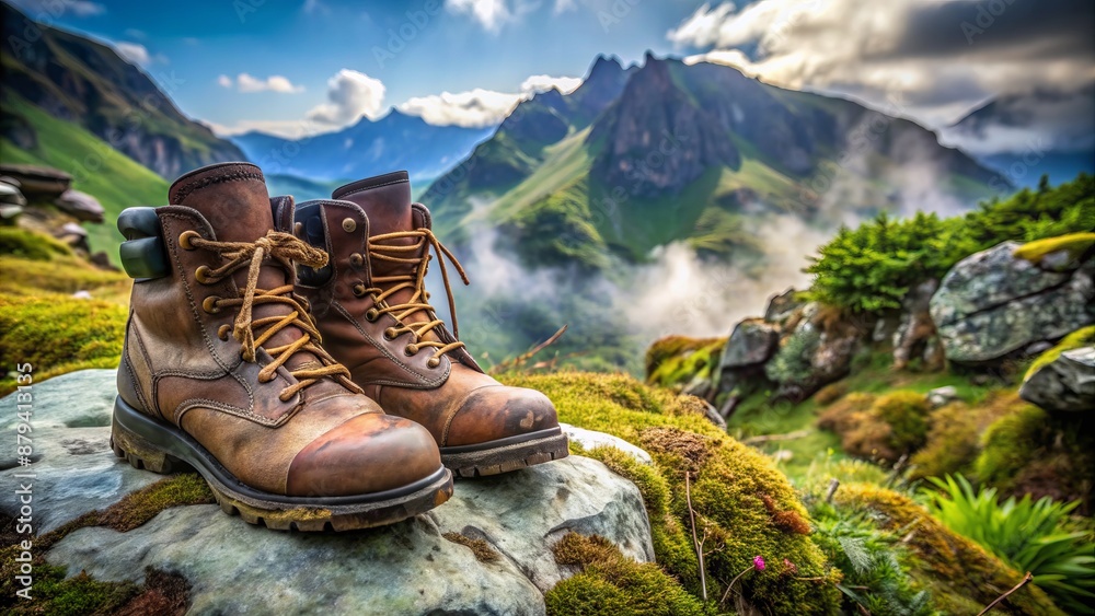 Weathered hiking boots firmly planted on rugged terrain, surrounded by lush greenery and moss, with misty mountain peaks in background. Weathered hiking boots firmly planted on rugged terrain, surrounded by lush greenery and moss, with misty mountain peaks in background.