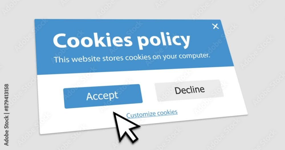 Clicking on Accept Cookies button, website pop up window notifying that site uses cookie, consent banner, personal data protection message, footage