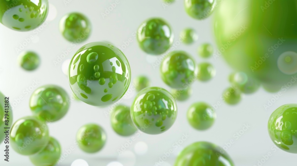 Abstract 3D background with flying green balls, shiny balls varnished, white background, space for text Abstract 3D background with flying green balls, shiny balls varnished, white background, space for text