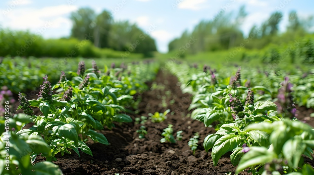 Fields of basil green bushes with purple flowers img Fields of basil green bushes with purple flowers img