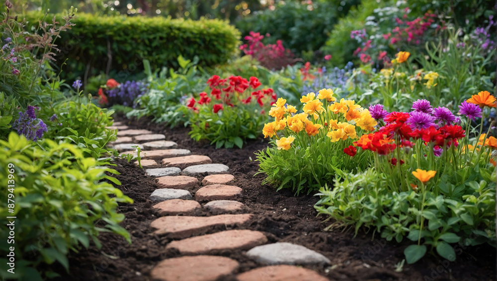 A stone path leads through a garden filled with a variety of flowering plants and greenery. A stone path leads through a garden filled with a variety of flowering plants and greenery.