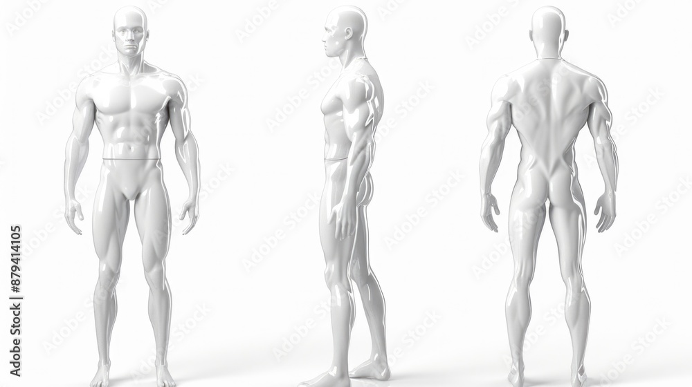 Male Mannequin: White Plastic Model for Fashion Display. Side, Front, and Back Views on White Background Male Mannequin: White Plastic Model for Fashion Display. Side, Front, and Back Views on White Background