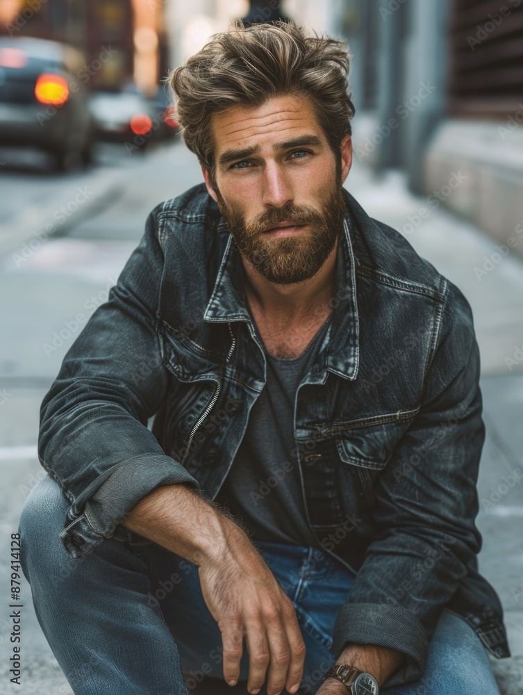 Obraz premium Male Fashion Model. Stylishly dressed adult man with beard sitting on city street