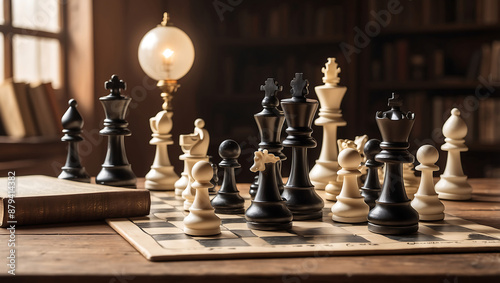 International chess day, a chessboard with various white and black chess pieces mid game, placed on an antique wooden table with background is slightly blurred © mdaktaruzzaman