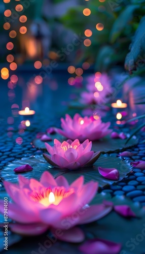 Pink water lilies with candles floating on a pond at night.