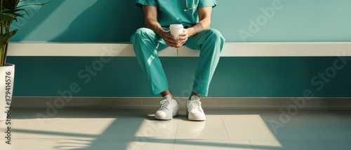 Medical professional in turquoise scrubs sitting on a bench, relaxing and holding a coffee cup in a brightly lit environment. photo