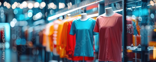 Mannequins wearing colorful t-shirts displayed in a modern retail store with vibrant lighting and a variety of clothing options on racks. photo