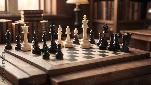 International chess day, a chessboard with various white and black chess pieces mid game, placed on an antique wooden table with background is slightly blurred