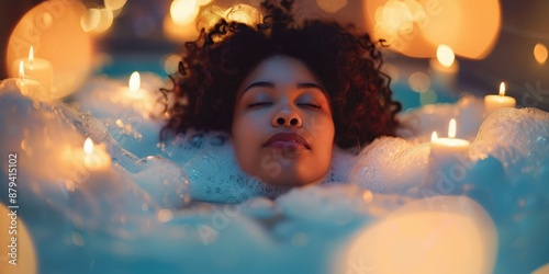 Woman enjoying a relaxing bubble bath with candles around, creating a serene and tranquil atmosphere. AIG62 photo