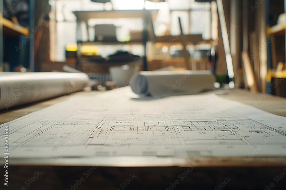 Blueprint on a Wooden Table in a Workshop Photo Blueprint on a Wooden Table in a Workshop Photo