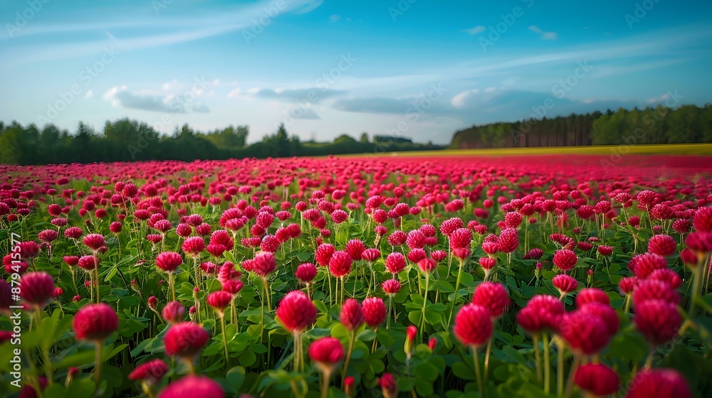 Fields of red clover whose bright flowers cover image Fields of red clover whose bright flowers cover image