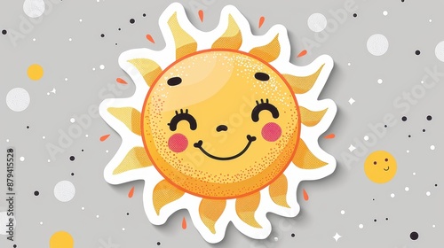 A cute sun with a big smile and rosy cheeks, perfect for stickers and cheerful design elements.