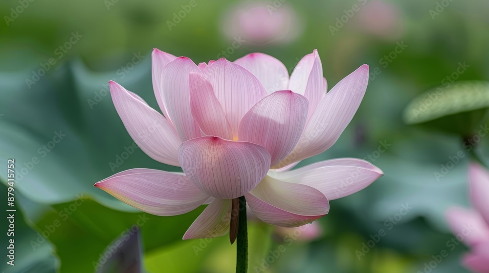 Close-up of a delicate pink lotus flower in bloom with green leaves in the background. Close-up of a delicate pink lotus flower in bloom with green leaves in the background.