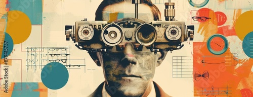 The image shows a man wearing a pair of goggles with multiple lenses. The man's face is obscured by the goggles, and the background is a blur of color. The image is likely an advertisement for a new