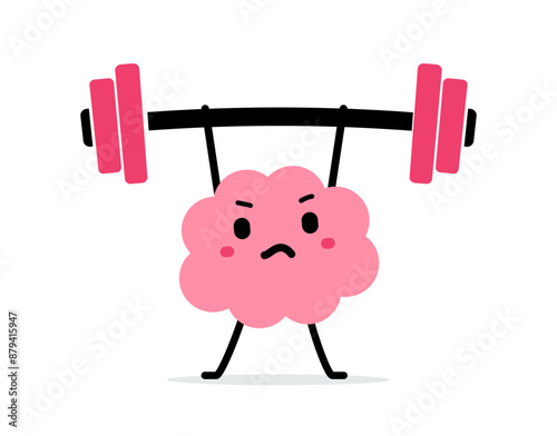 Vector cartoon illustration of strong happy brain character lift barbell up on white color background. Flat doodle style design of healthy brain exercise with weight