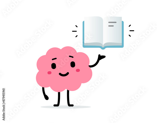 Vector cartoon education illustration of cute happy brain character read book on white color background. Flat doodle style design of smile brain with open book in hand