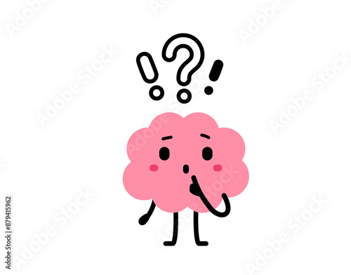 Vector cartoon illustration of cute happy brain character with question mark on white color background. Flat doodle style design of doubt brain think