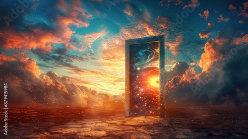 A mystical door opening to a vibrant, sunlit sky, symbolizing new opportunities and boundless possibilities in a dreamlike, surreal setting.