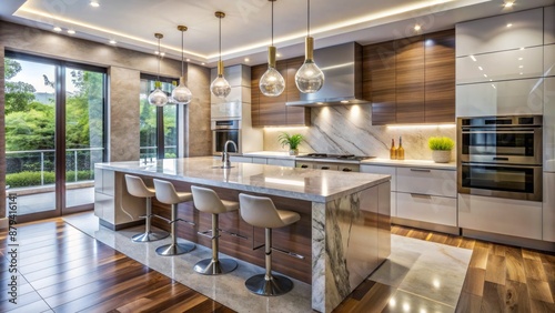 Sleek, high-gloss cabinetry, marble countertops, and pendant lighting fixtures illuminate the expansive, minimalist space of a contemporary kitchen design. photo