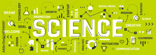 Vector creative illustration of science word typography with line icon, word cloud on green color background. Line art style design of science business infographic concept