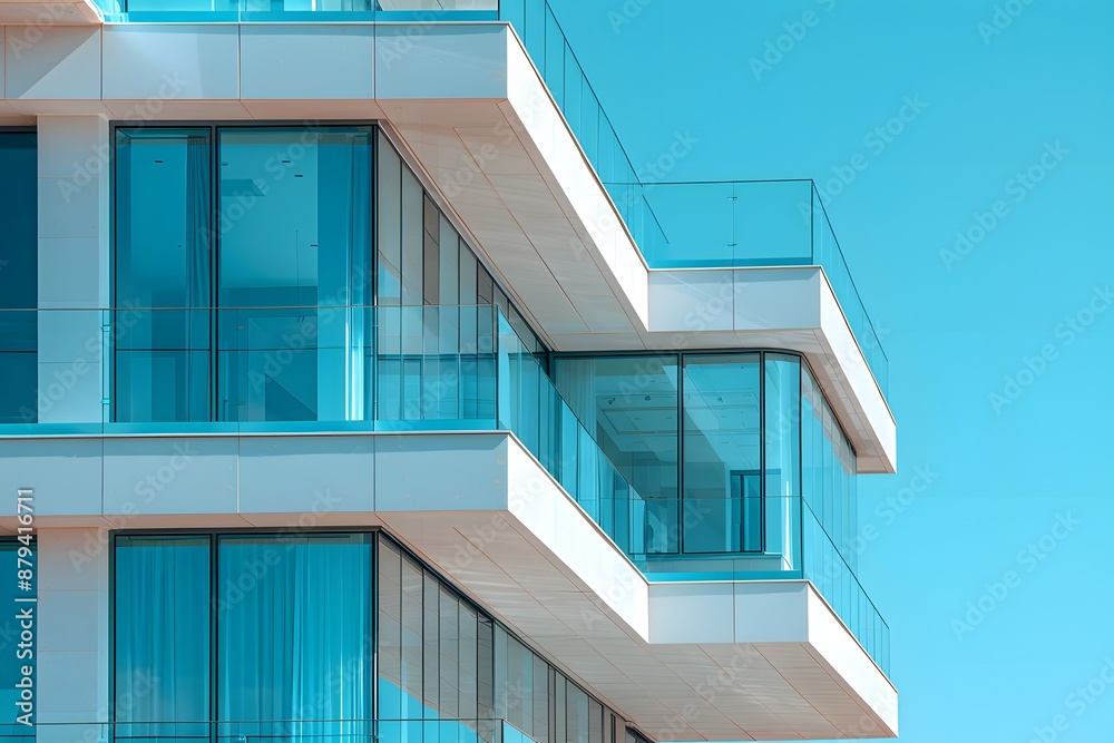 Fototapeta premium Modern Architectural Design with Glass Balconies Against a Clear Blue Sky