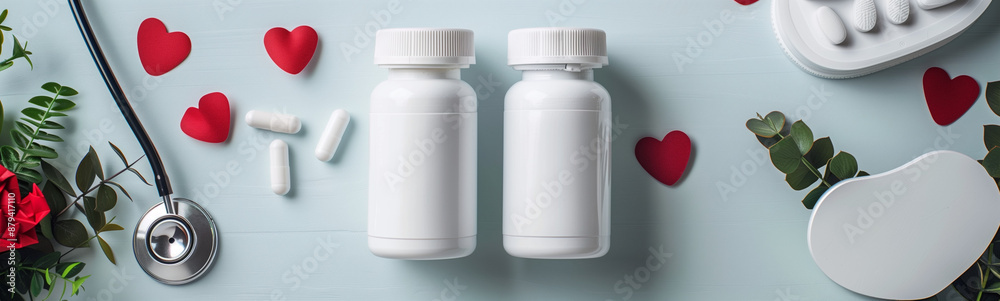 top view product shoot of two plain white supplement bottles with a few round medicine around, cardiovascular related elements around, paper heart, stethoscope, daylight, focus on bottle top view product shoot of two plain white supplement bottles with a few round medicine around, cardiovascular related elements around, paper heart, stethoscope, daylight, focus on bottle