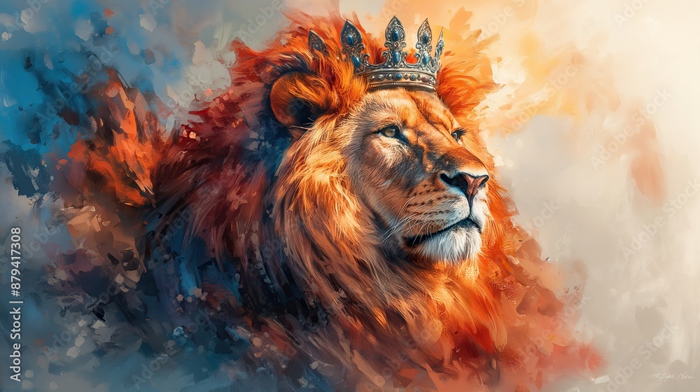 Naklejka premium proud Lion King wearing a royal crown watercolor art